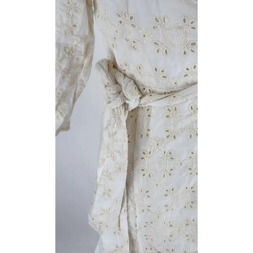 Sezane Robe Asianne Eyelet Mini Wrap Dress Womens Size 2 Ecru Cream New Flawed